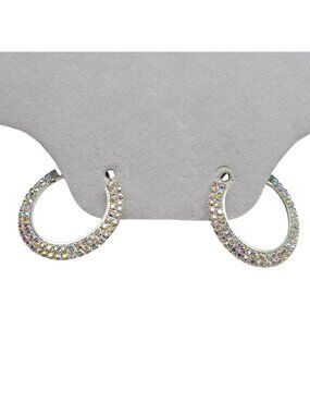 Rhinestone Studded Hoop Earrings Silver Tone Aurora Borealis Finish 1.5 in